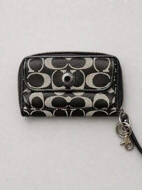 Coach Black and Silver Signature Jacquard Wristlet with Key Ring